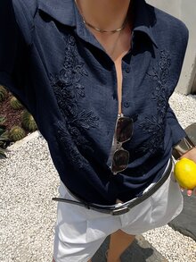 Dazy Plus Plus Floral Embroidery Button Front Shirt Vacation - Navy Blue - View 5