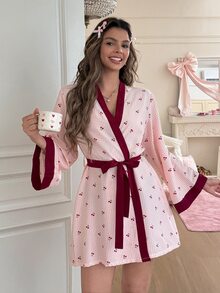 SweetSlumber Cherry Print Plaid Contrast Trim Belted Robe - Pink - View 3