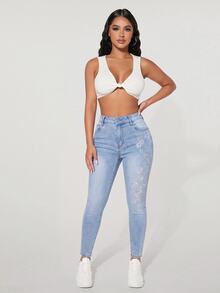 SHEIN PETITE Jeans pitillo de cintura alta con patrón de mariposa de strass - Azul - Ver 12