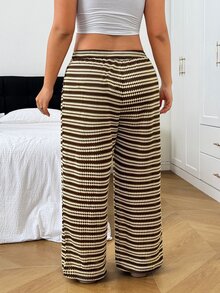 SHEIN EZwear 大尺碼對比條紋抽繩腰寬腿褲 - 彩色 - 查看 2