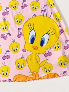 LOONEY TUNES X SHEIN Cartoon Graphic Contrast Binding Cami Sleep Dress - Pink - View 4