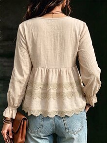 SHEIN Flounce Sleeve Contrast Lace Peplum Blouse - Apricot - View 2