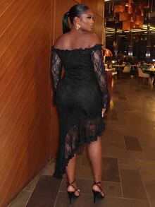 Veslaya Plus Off Shoulder Asymmetrical Hem Lace Dress Fall - Black - View 3