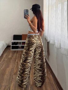 StreetHx Tiger Striped Wide Leg Jeans - Multicolor - View 2