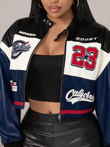 Radiana Plus Letter Graphic Colorblock Drop Shoulder PU Leather Crop Jacket Autumn - Blue - View 1