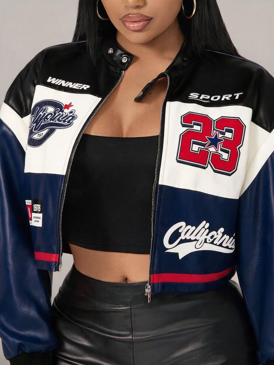 Radiana Plus Letter Graphic Colorblock Drop Shoulder PU Leather Crop Jacket Autumn - Blue - View 1