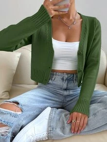 SHEIN Unity Cardigan corto ligero con botones delanteros de unicolor - Verde - Ver 8
