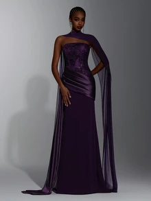 Elitara Floral Jacquard Mesh Panel Formal Dress With Cape - Purple - View 8