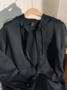 SHEIN EZwear 蜘蛛字母圖案落肩寬鬆拉鍊抽繩連帽衛衣，萬聖節穿搭百搭女裝 - 黑色 - 查看 7
