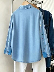 SHEIN Clasi CURVE Plus Size Colorful Rhinestone Detail Button Front Shirt Fall - Blue - View 2