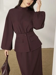Heiryn Mock Neck Lantern Sleeve Top & Peplum Pencil Skirt Set - Burgundy - View 2