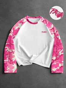 PAVTROS Men Letter Graphic Contrast Camo Raglan Sleeve Tee - Multicolor - View 1