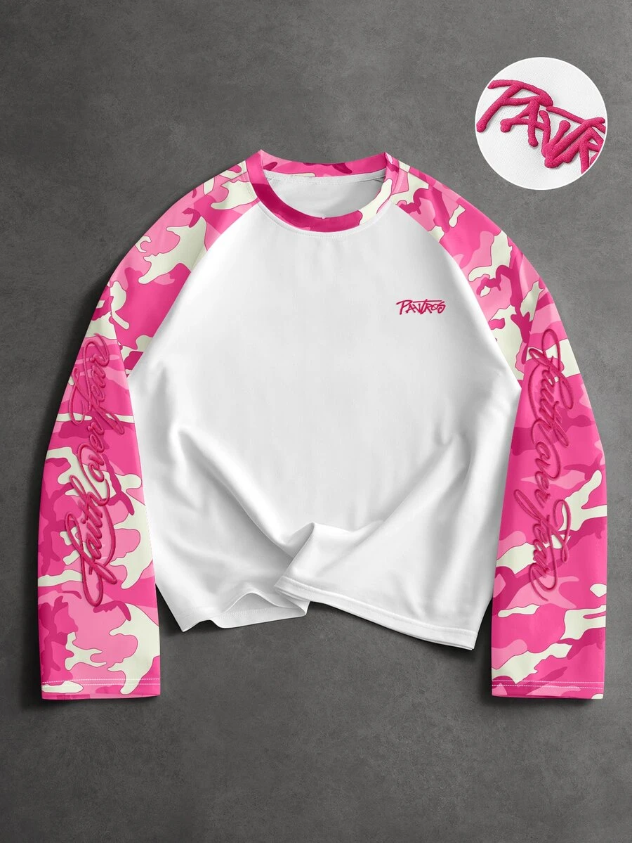 PAVTROS Men Letter Graphic Contrast Camo Raglan Sleeve Tee - Multicolor - View 1