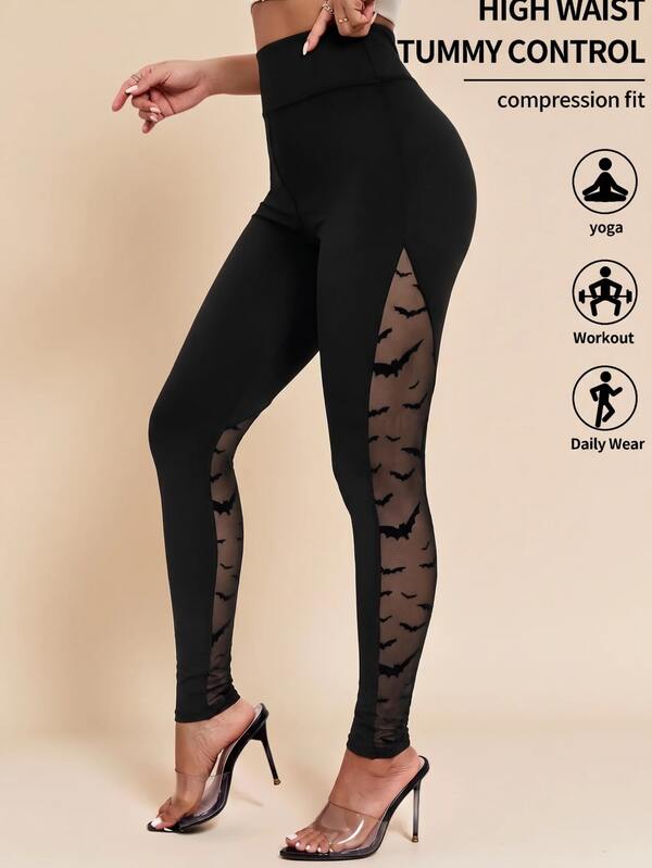 SHEIN Clasi High Waist Bat Print Mesh Insert Skinny Pants