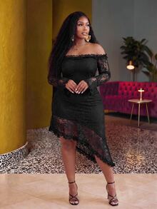 Veslaya Plus Off Shoulder Asymmetrical Hem Lace Dress Fall - Black - View 7