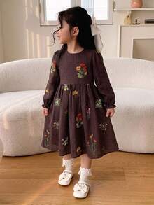 Dazy Kids Young Girl Embroidery Floral Pattern Flare Sleeve Dress Fall - Brown - View 1