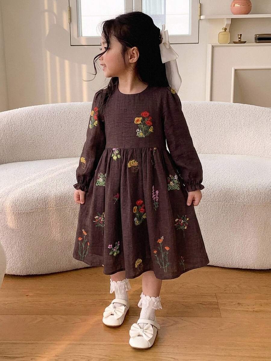 Dazy Kids Young Girl Embroidery Floral Pattern Flare Sleeve Dress Fall - Brown - View 1