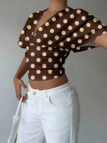 Aloruh Polka Dot Print Batwing Sleeve Tee - Brown - View 11