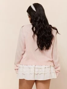 CovetEZ 大尺碼花卉圖案鏤空針織開襟衫 冬季 - 粉色 - 查看 3