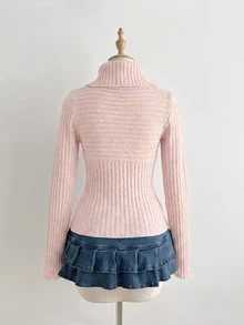 SHEIN Unity Solid Turtleneck Ribbed Knit Sweater - Pink - View 2