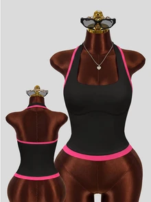 SHEIN Sweetro FeatherFit™-Cool 對比飾邊運動掛脖上衣 - 黑色 - 查看 2