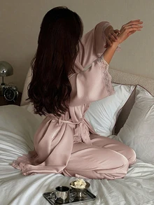 DAZY Contrast Lace Belted PJ Set - Pink - View 1