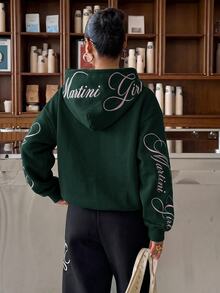 Muchica Letter Graphic Drop Shoulder Hoodie - Dark Green - View 2