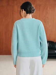 Anewsta Women's Minimalist Baby-Blue Sweater With Yellow Floral Embellishments – Elegant Modern Style Women Sweaters - Blue - View 2