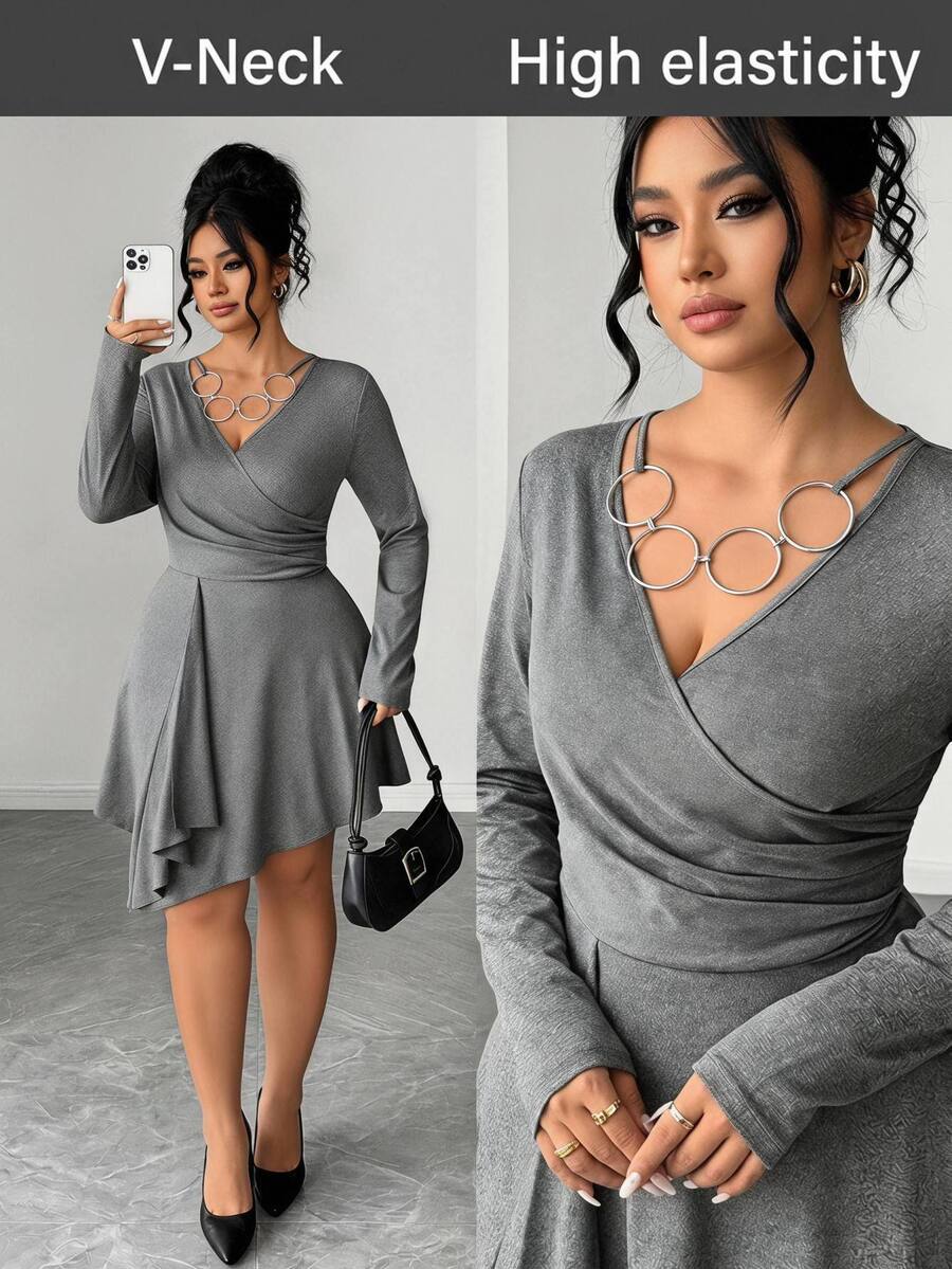 Elenzga Plus Size Dresses Formal Evening Gray Autumn Casual Elegant - Dark Grey - View 1