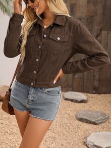 EMERY ROSE Flap Pocket Button Front Denim Jacket - Brown - View 6