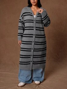 Rustia Plus Striped Pattern Drop Shoulder Hooded Duster Cardigan Winter - Multicolor - View 4