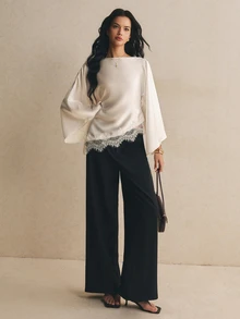 SHEIN Tall CURVE Plus Lace Trim Trumpet Sleeve Satin Blouse Fall - White - View 5