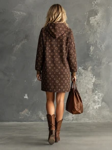 Balvessa Allover Print Kangaroo Pocket Drop Shoulder Drawstring Hooded Short Sweatshirt Dress - Coffee - View 2