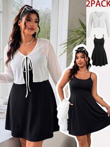 Solflare Plus Solid Cami Dress Tie Front Mesh Top Brunch Baggy Smart Birthday Date Night Office Formal Casual Soft Form Modest Vacation White Black Autumn - Black and White - View 2