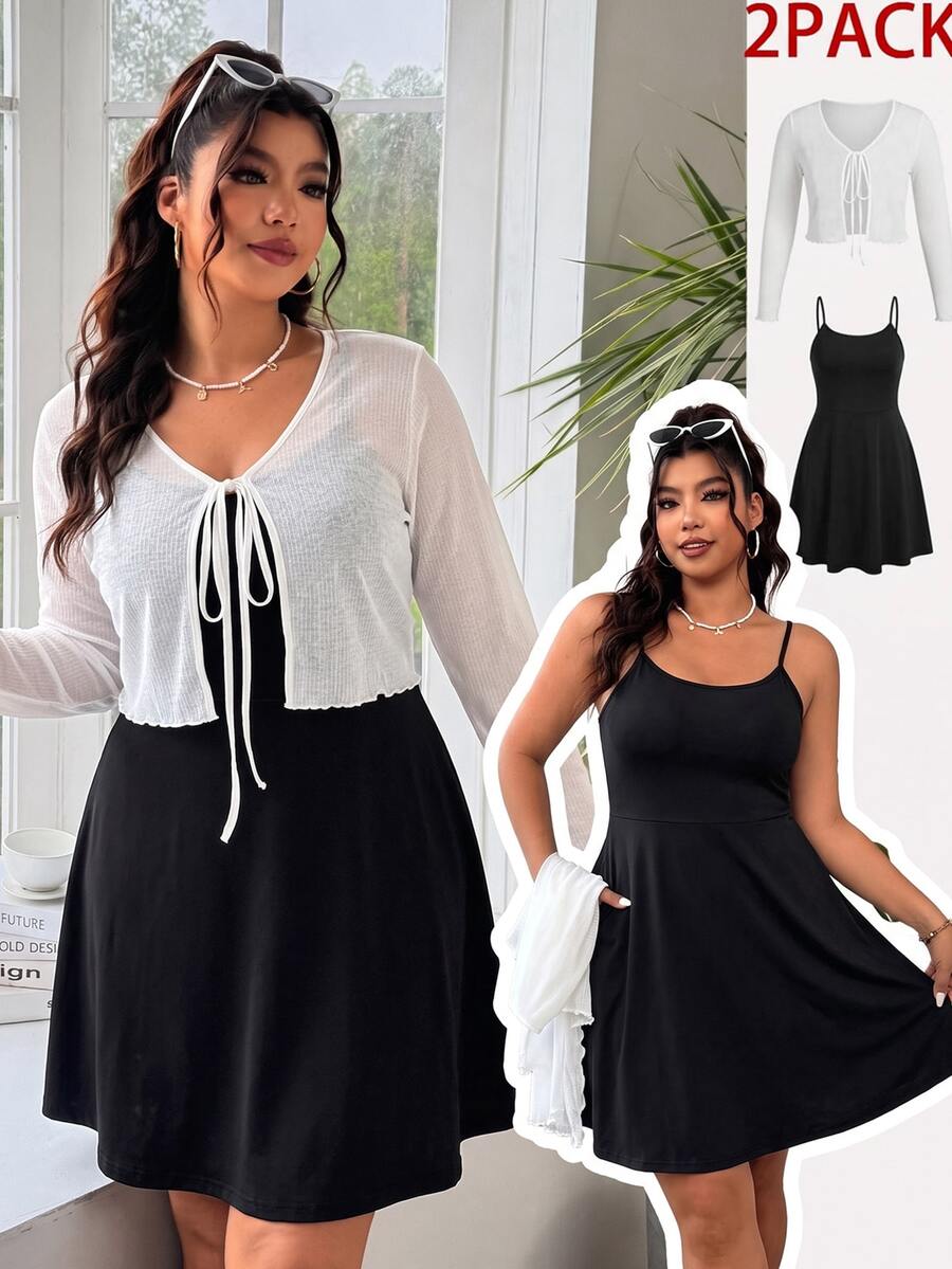 Solflare Plus Solid Cami Dress Tie Front Mesh Top Brunch Baggy Smart Birthday Date Night Office Formal Casual Soft Form Modest Vacation White Black Autumn