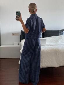 DAZY Blue Stripe Print Drawstring Waist Top Pants Lounge Sets For Women Travel Summer Casual - Rust Brown - View 2