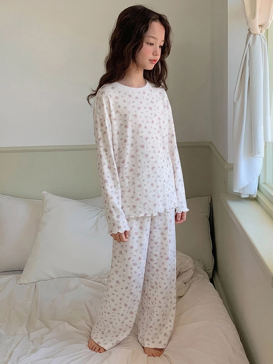 DAZY 青少年女孩碎花 T 恤與長褲睡衣套裝 秋季款 - 白色 - 查看 1