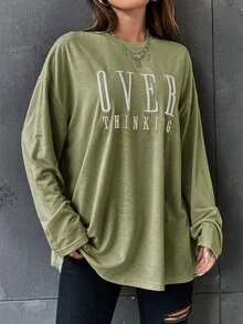SHEIN Unity Embroidery Letter Pattern Drop Shoulder Oversize Tee - Green - View 3