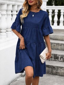 Breezaya Fall Casual Cute A Line Loose Ruffle Blue Daily Stretchy Washed Comfortable Flattering Wear Denim Dress For Women - Dark Wash - View 1