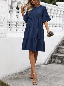 Breezaya Fall Casual Cute A Line Loose Ruffle Blue Daily Stretchy Washed Comfortable Flattering Wear Denim Dress For Women - Dark Wash - View 4