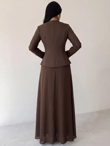 Firerie 1pc Solid Metal Button Placket Blazer & 1pc Skirt Suit Set - Brown - View 4
