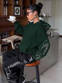 Muchica Letter Graphic Drop Shoulder Hoodie - Dark Green - View 6