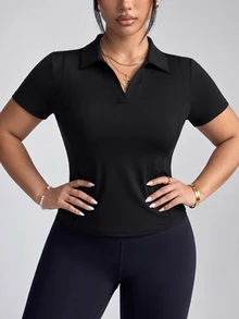 SHEIN Velisys 大尺碼純色V領短袖修身運動牛仔女孩T恤健身黑色夏季 - 黑色 - 查看 4