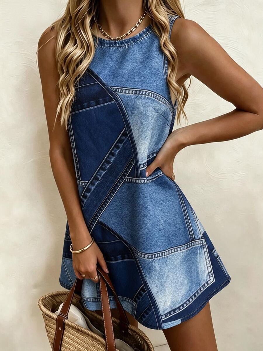 Vaclyn Colorblock Print Tunic Dress - Blue - View 1