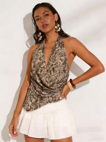 INAWLY Solva Plus Leopard Print Draped Front Backless Tie Halter Top - Brown - View 1
