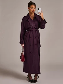 SHEIN BAE Lapel Neck Double Breasted Belted Overcoat - Red Violet - View 6