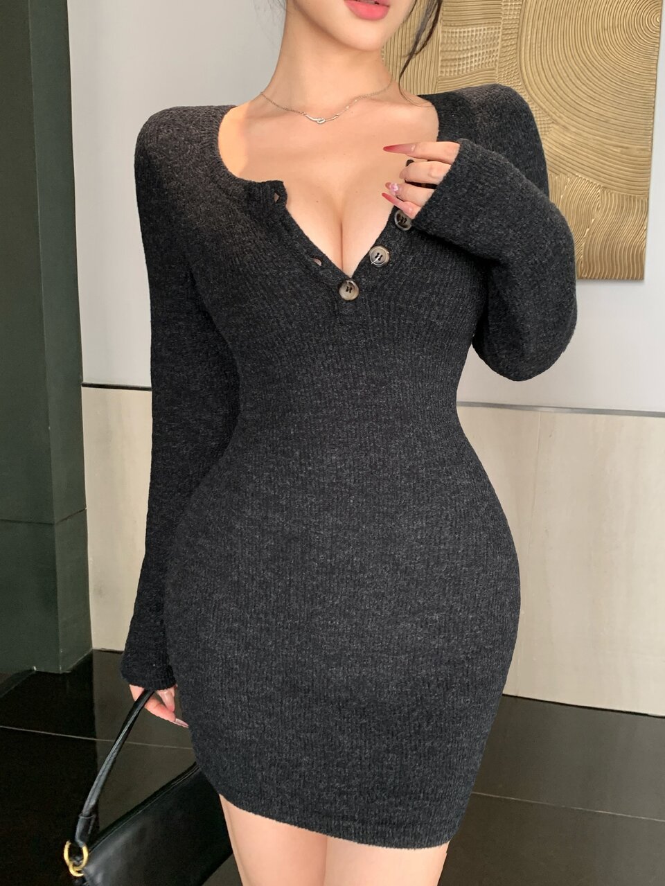 Solid Half Button Front Bodycon Short Dress Autumn Night Out Date Night Gray Sexy