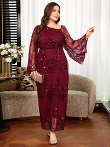 Reflora Vestido de lentejuelas con cuello asimétrico y mangas con volantes, talla grande - Burdeos - Ver 4