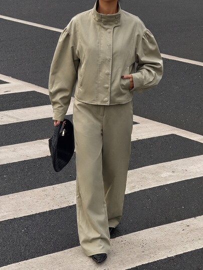 Muchica Women Vintage Solid Two‑Piece Outfit, Casual Stand Collar Puff Sleeve Cropped Jacket & Wide Leg Pants Set For Fall Going‑Out Daily Outfits