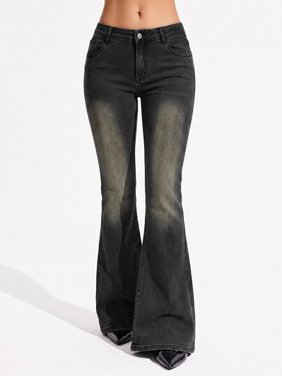 Jeanoix Celana Jeans Model Flare dengan Motif Bleach Wash, Cocok untuk Pergi ke Pantai, Musim Gugur, Kasual, Gaya Vintage 1950-an